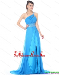 Fashionable 2015 One Shoulder Blue Long Damas Dress with Rhinestones