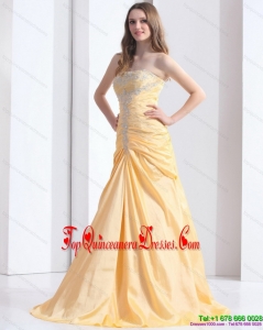 Fashionable Brush Train Gold Damas Dresses with Ruching and Beading