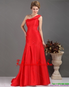 Fashionable One Shoulder Pleated Red Damas Dresses with Brush Train