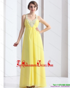 2015 Fashionable Halter Top Yellow Damas Dress with Floor Length