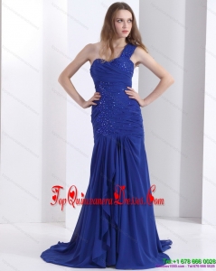 Fashionable 2015 One Shoulder Dama Dress with Ruching and Beading