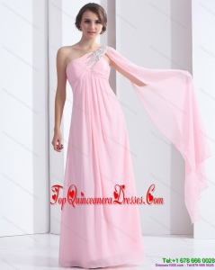 Fashionable 2015 One Shoulder Baby Pink Damas Dress with Ruching and Beading