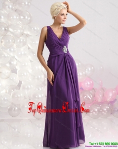 Fashionable V Neck Floor Length Damas Dress with Beading and Ruching