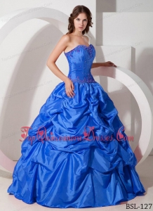 Blue Floor-length Taffeta Pick-ups and Beading Quinceanera Dress