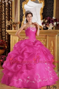 Hot Pink Ball Gown Strapless Floor-length Embroidery Organza Quinceanera Dress