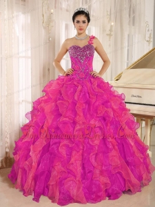 Custom Made Corala Red One Shoulder Beaded Decorate Ruffles Quinceanera Dress In Spring