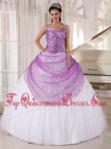 Lilac and White Ball Gown Spaghetti Straps Floor-length Appliques Quinceanera Dress