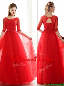 Fashionable See Through Scoop Half Sleeves Red Damas Dress with Lace and Belt