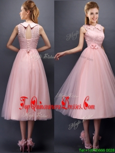 Fashionable Hand Made Flowers and Laced High Neck Damas Dress in Baby Pink