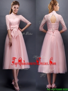Fashionable Laced High Neck Half Sleeves Damas Dress with Bowknot
