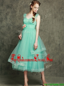 Fashionable See Through Straps Damas Dress with Appliques and Hand Made Flowers