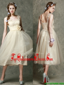 Fashionable Straps Champagne Dama Dress with Appliques and Hand Made Flowers