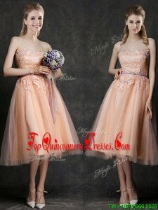 Hot Sale Strapless Peach Damas Dress with Sashes and Lace