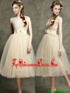Cheap Champagne V Neck Quinceanera Dama Dress with Belt and Bowknot