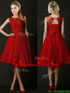 Modest Knee Length Red Damas Dress with Beading and Appliques