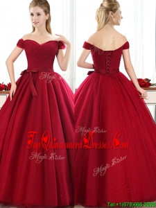 New Arrivals Off the Shoulder Wine Red Quinceanera Dama Dress with Bowknot