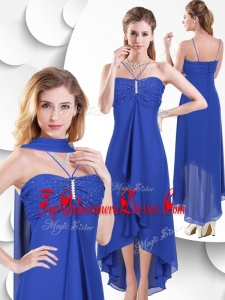 Fashionable Spaghetti Straps High Low Blue Damas Dress with Beading