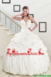2015 Popular White Taffeta Dresses For a Quinceanera with Beading and Pick Ups