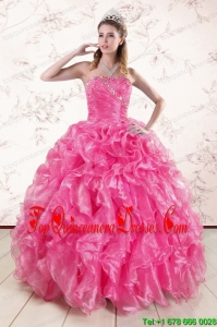 2015 Puffy Hot Pink Quinceanera Dresses with Appliques and Ruffles