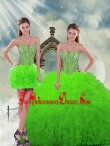 Detachable Beautiful Beading and Ruffles Spring Green Dresses For Puffy Sweet 16 Gowns