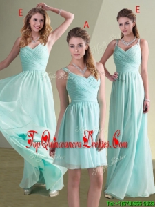 Fashionable Straps Beaded and Ruched Aqua Blue Dama Dress in Chiffon