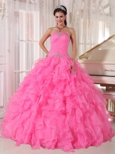 Quinceanera Dress With Beading And Cascading Ruffles In Rose Pink