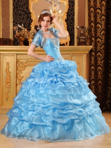 Baby Blue Organza Appliques Ball Gown Quinceanera Dress