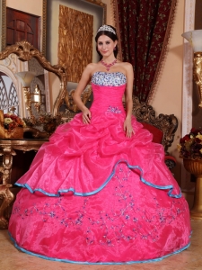 Quinceanera Dress Hot Pink Strapless Organza Appliques Ball Gown