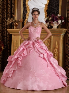 Quinceanera Dress Pink Straps Beading and Appliques Ball Gown