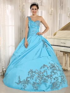 One Shoulder Baby Blue Quinceanera Dress Appliques Beading