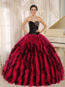 Beaded Ruffled Sweetheart Black and Hot Pink Quince Dress