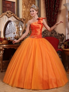 Orange Quinceanera Dress One Shoulder Tulle Beading