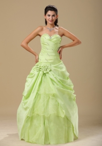 Yellow Green Hand Made Folwers Ruched Quinceanera Dress