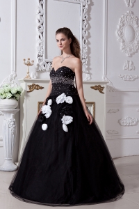Sweetheart Organza Sweet 16 Dress Beaded Hand Flowers Black