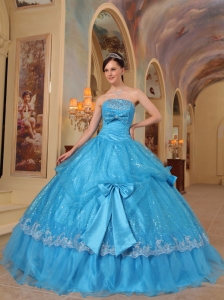 Sequins Organza Quinceanera Dress Bows Baby Blue Strapless