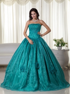 Beading Sweet 15th Ball Gown Turquoise Strapless Organza