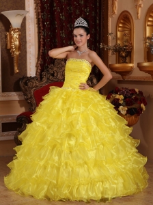 Quinceanera Dress Organza Beading Yellow Strapless Ball Gown