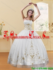 2015 Modest Strapless Appliques White and Gold Dresses for Quinceanera
