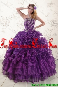 Modest Purple Strapless Appliques and Ruffles Quince Dresses for 2015