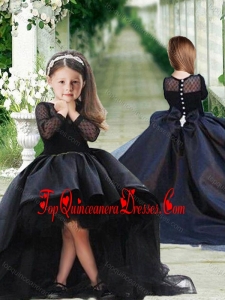 Romantic See Through Long Sleeves New Arrival Kid Pageant Dress in Navy Blue