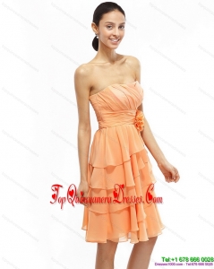 2015 Fashionable Strapless Short Damas Dresses with Ruching and Hand Made Flower
