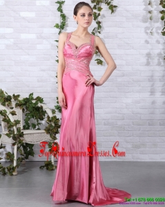 Fashionable Rose Pink Beading Long Damas Dresses with Brush Train