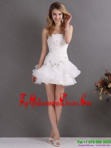 Fashionable White Strapless Mini Length Damas Dresses with Rhinestones