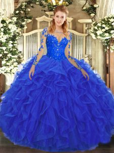 Royal Blue Scoop Neckline Lace and Ruffles Quinceanera Dress Long Sleeves Lace Up