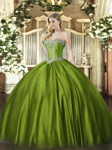 Olive Green Satin Lace Up 15 Quinceanera Dress Sleeveless Floor Length Beading
