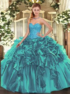 Discount Sleeveless Floor Length Beading and Ruffles Lace Up Ball Gown Prom Dress with Teal