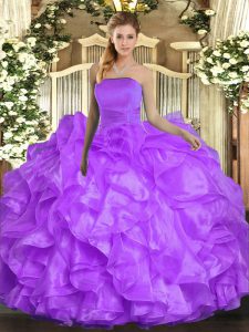Artistic Lavender Lace Up Strapless Ruffles 15th Birthday Dress Organza Sleeveless