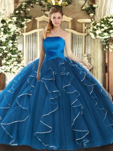 Exceptional Blue Tulle Lace Up Ball Gown Prom Dress Sleeveless Floor Length Ruffles