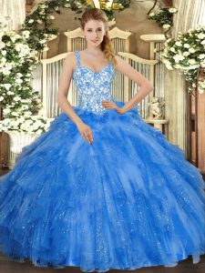 Glittering Blue Sleeveless Beading and Ruffles Floor Length Quinceanera Dress