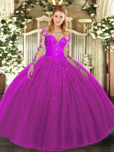 Attractive Fuchsia Long Sleeves Lace Floor Length Quince Ball Gowns